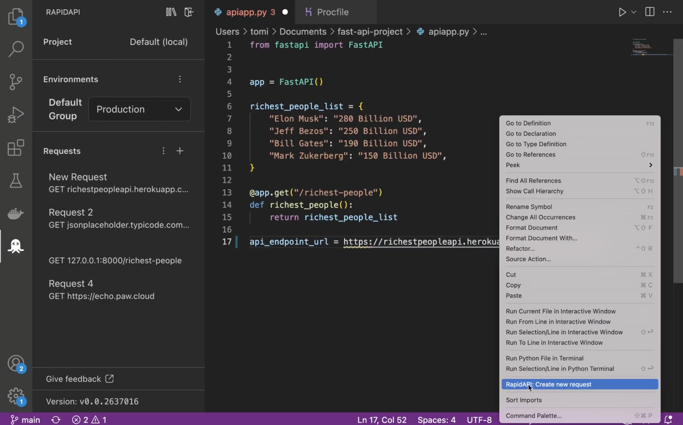 Using RapidAPI to create new request on VS Code