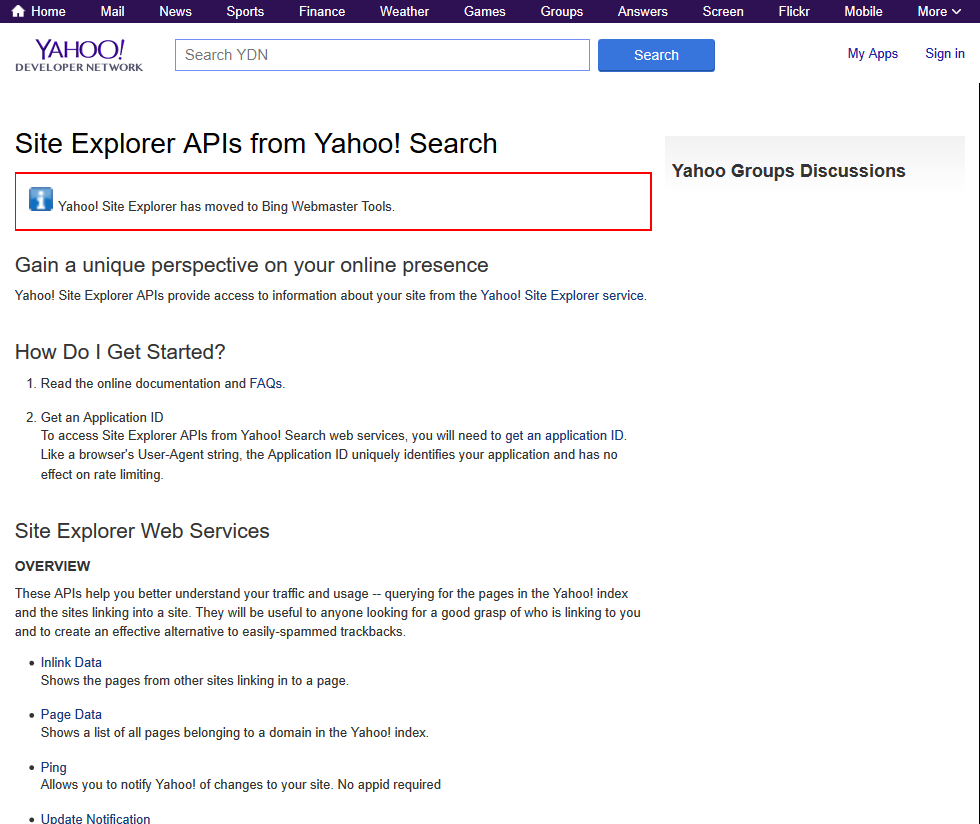 Yahoo Site Explorer Api Overview Doentation Alternatives Yahoo Site Explorer Api Overview