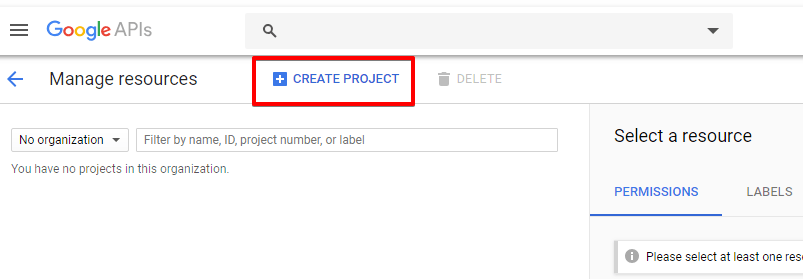 Google API Console - Create Project