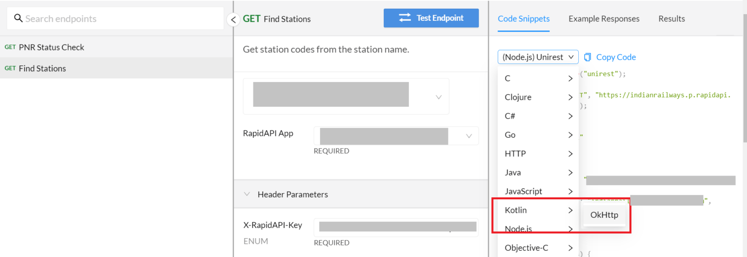 How to use the indian railways api with java python php ruby