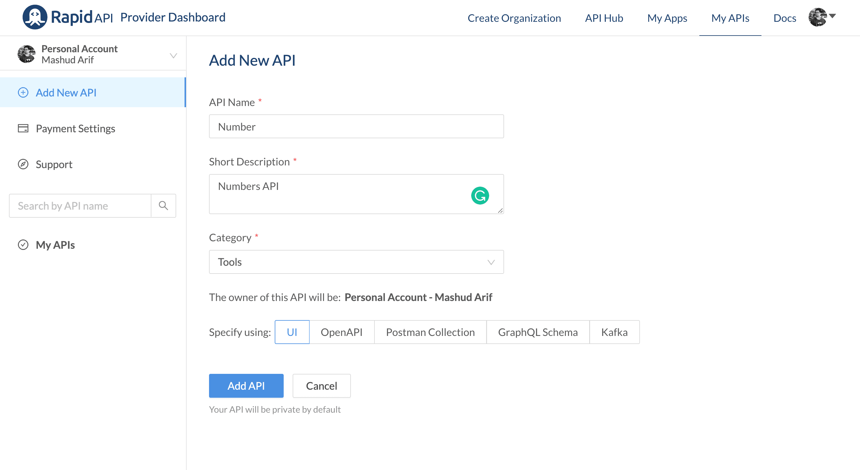 Add New API on RapidAPI