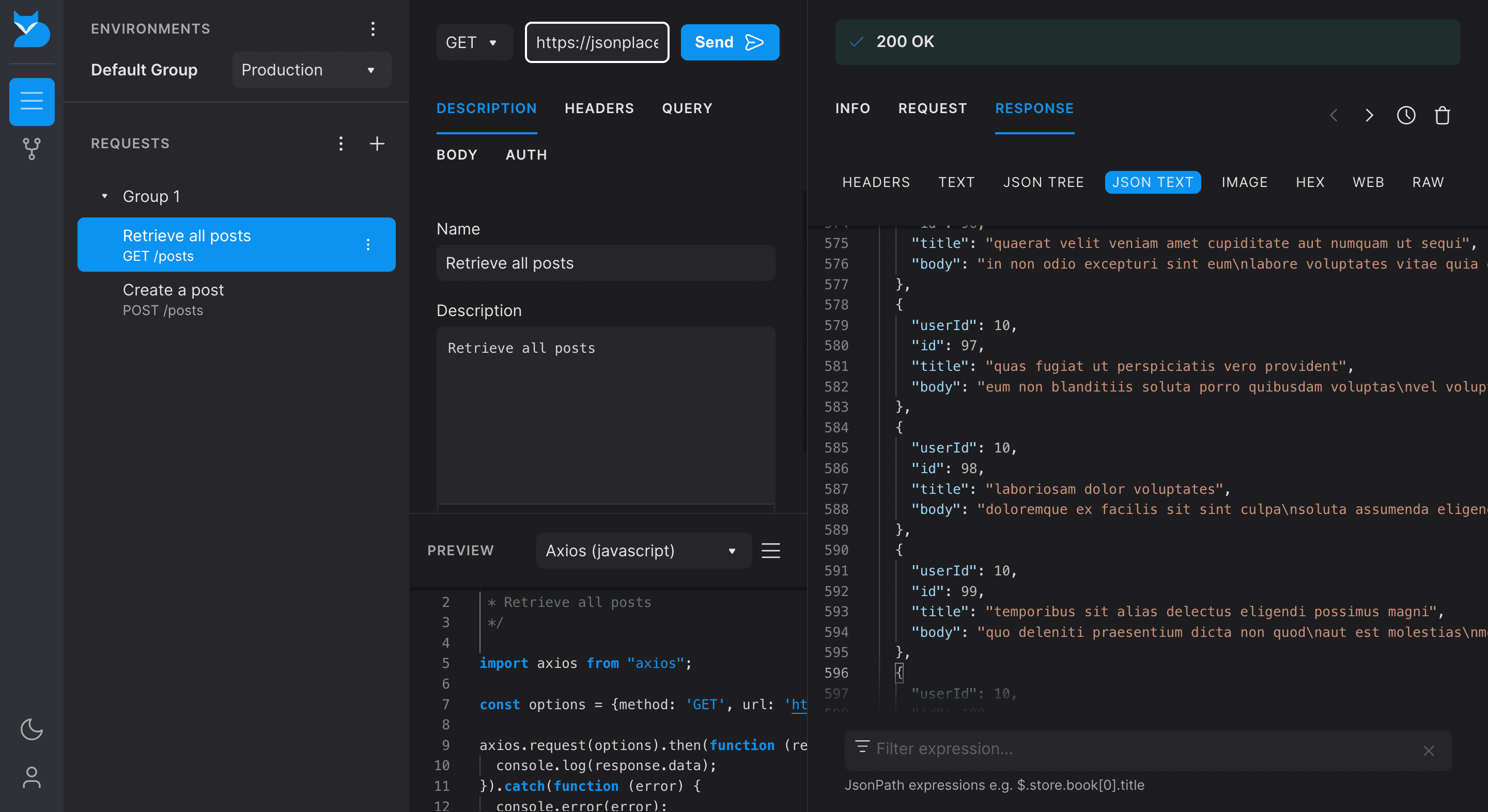 Retrieving all posts from JSON Placeholder API