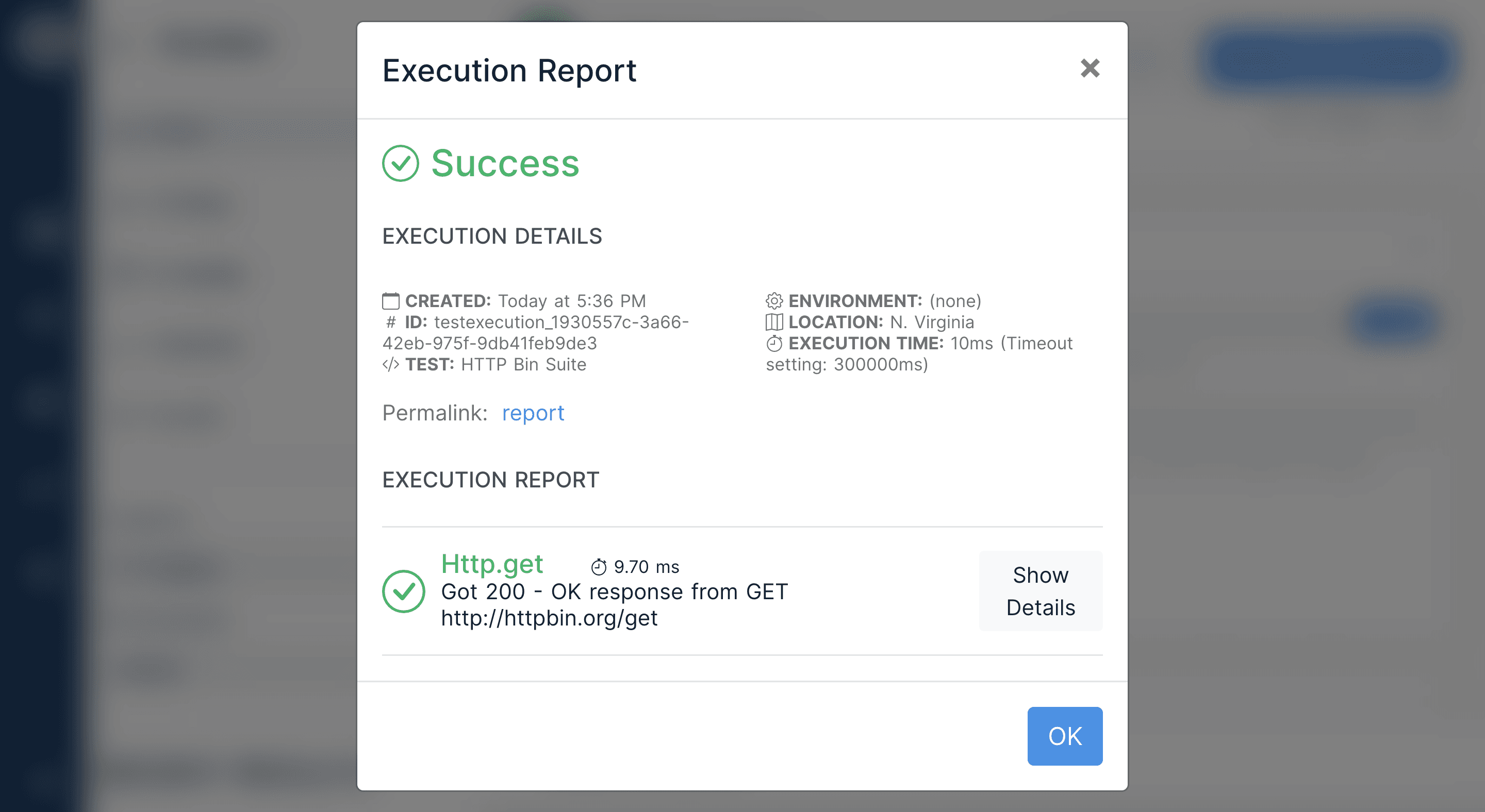 Execution report after running test
