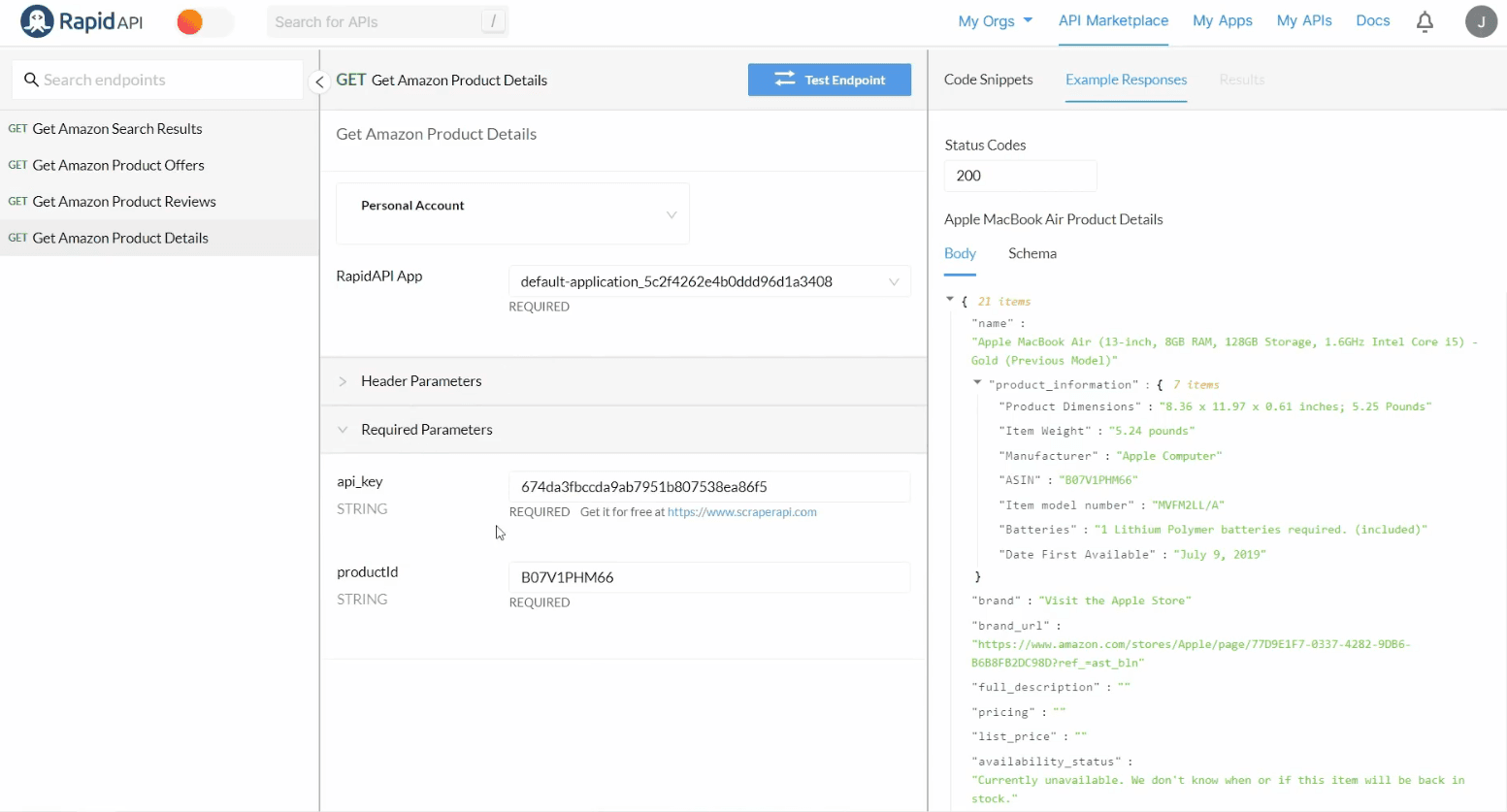 Example Responses on API