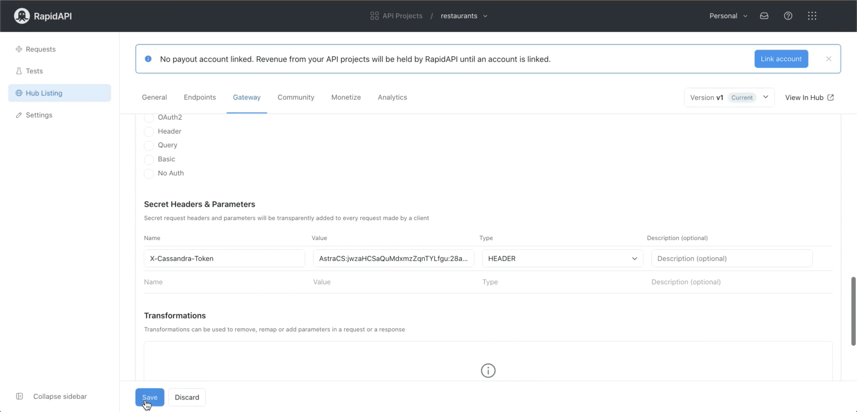 Saving information on Hub Listing