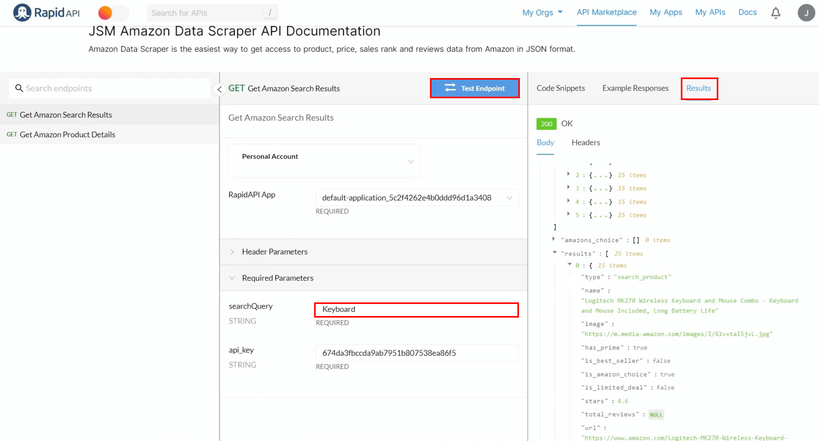 Testing endpoint on RapidAPI Hub