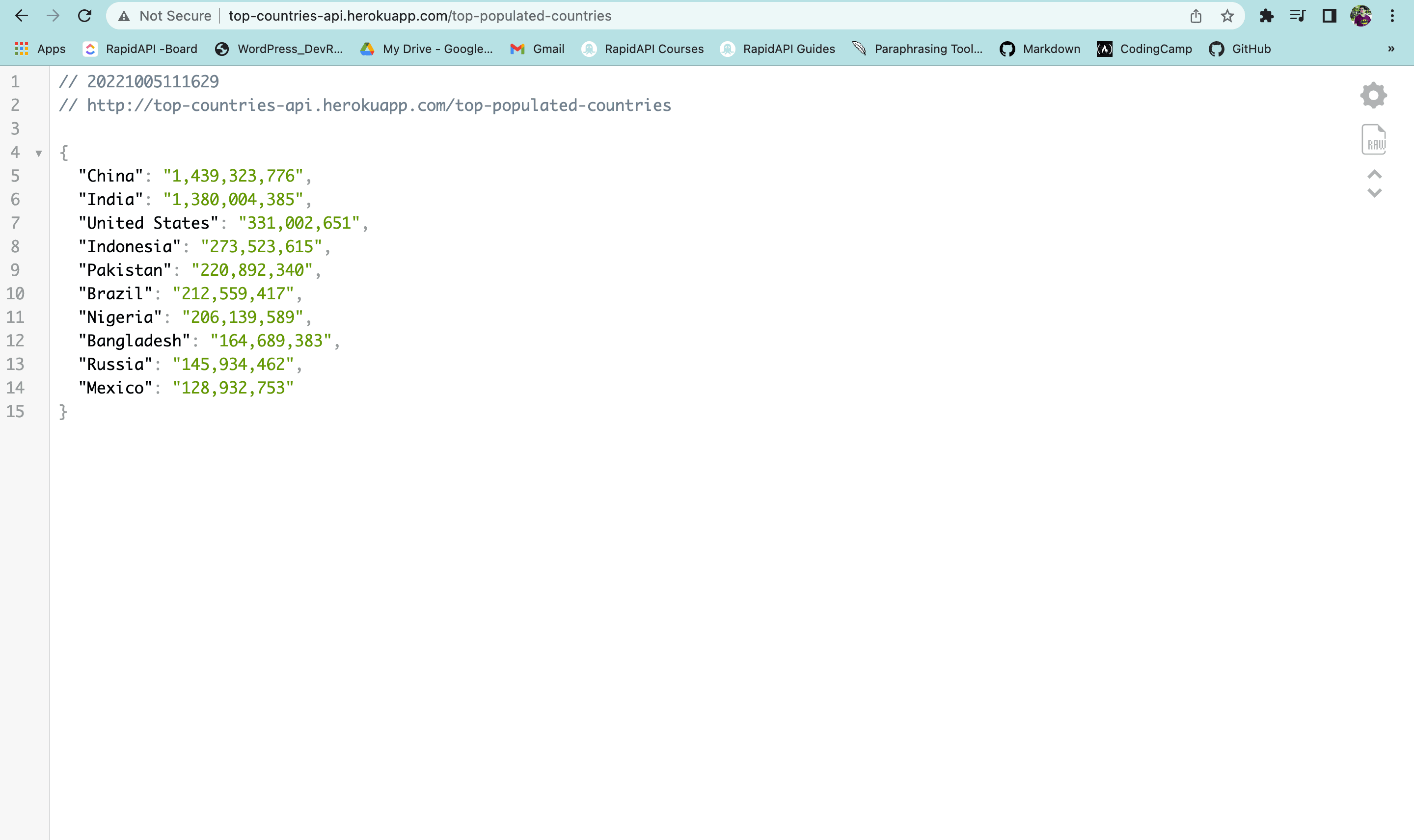 Top 10 populated countries API