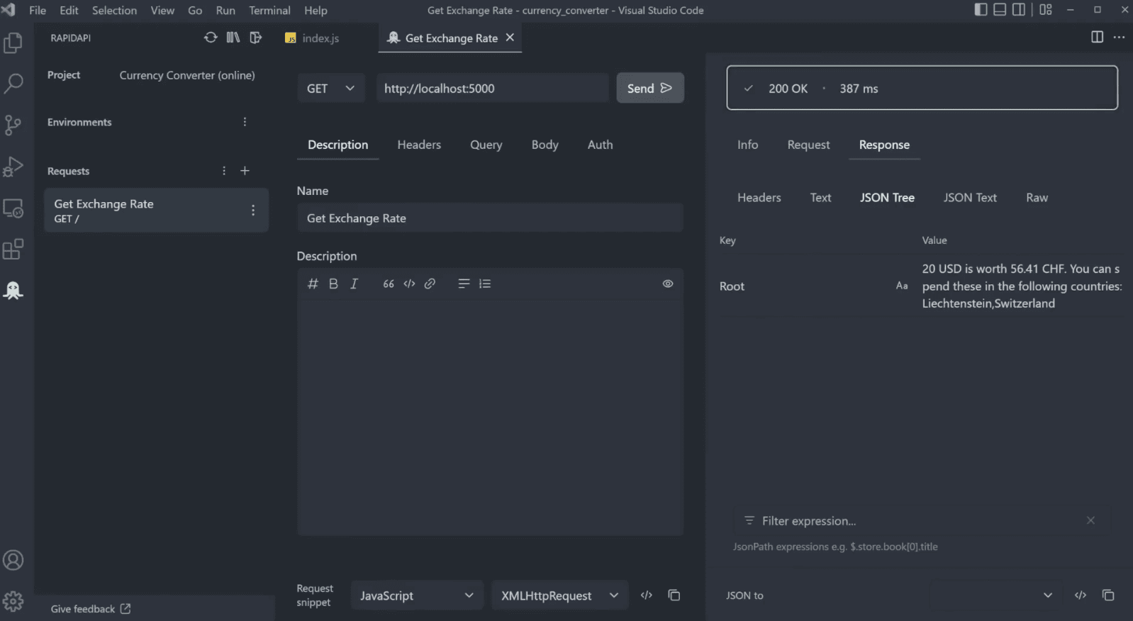 Formatted JSON data inside RapidAPI Client for VS Code