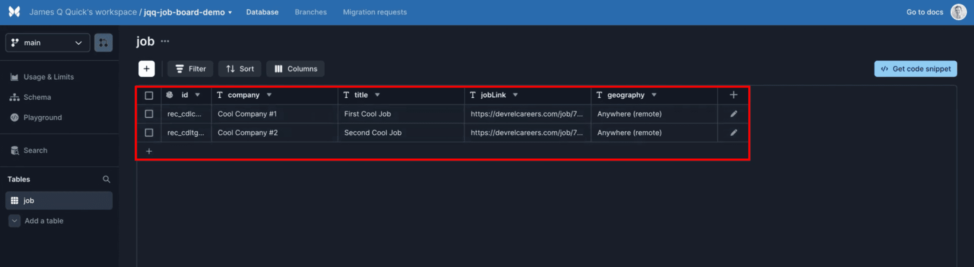 Our database table on Xata