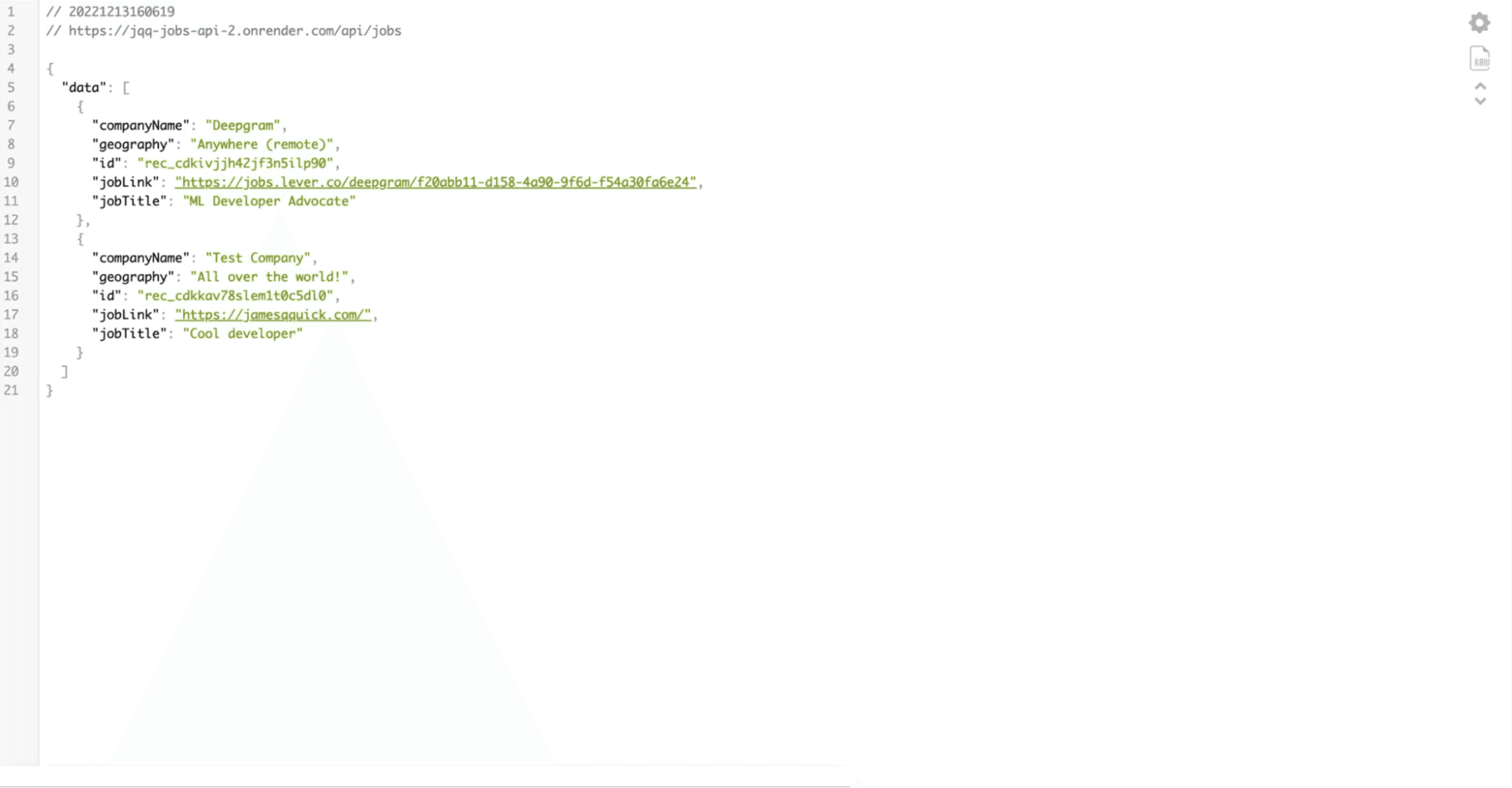 Data returned by our deployed API