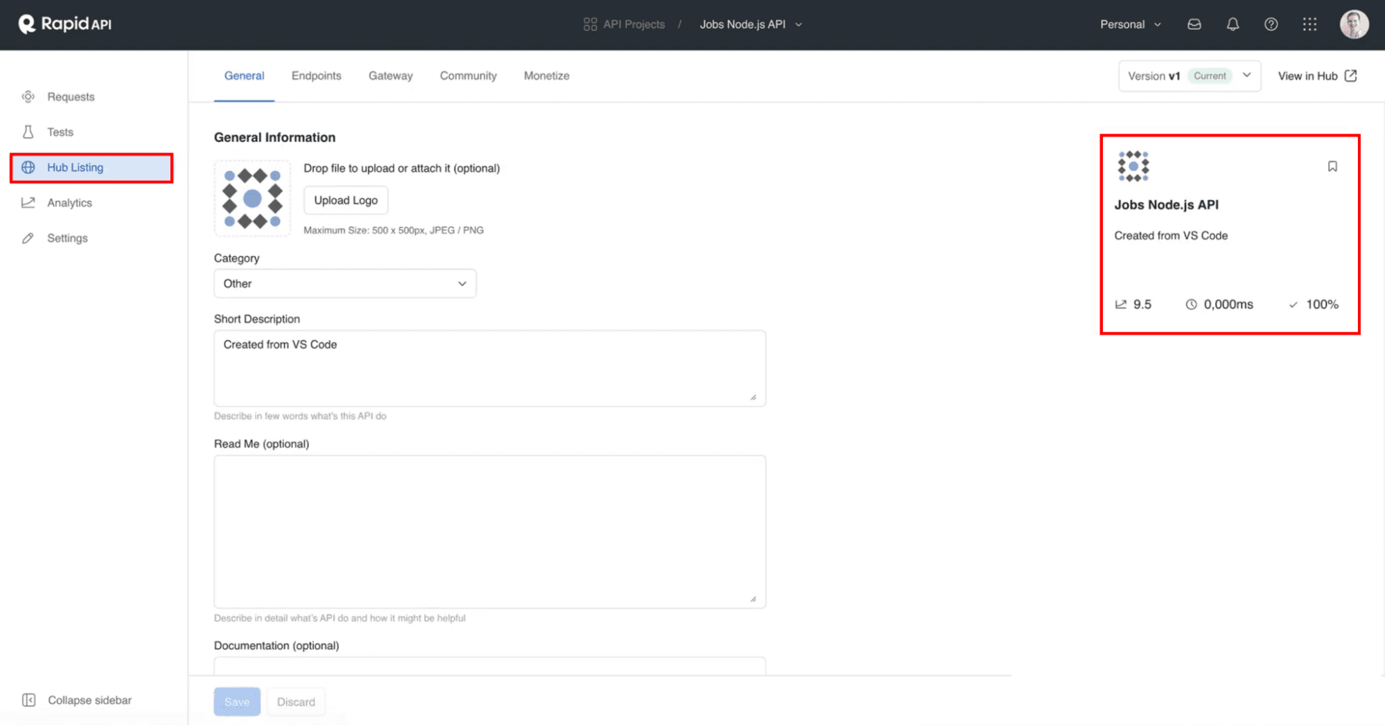 Hub Listing page of Rapid API Studio