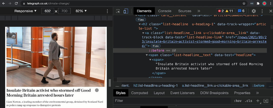 Inspecting the elements of Telegraph webpage