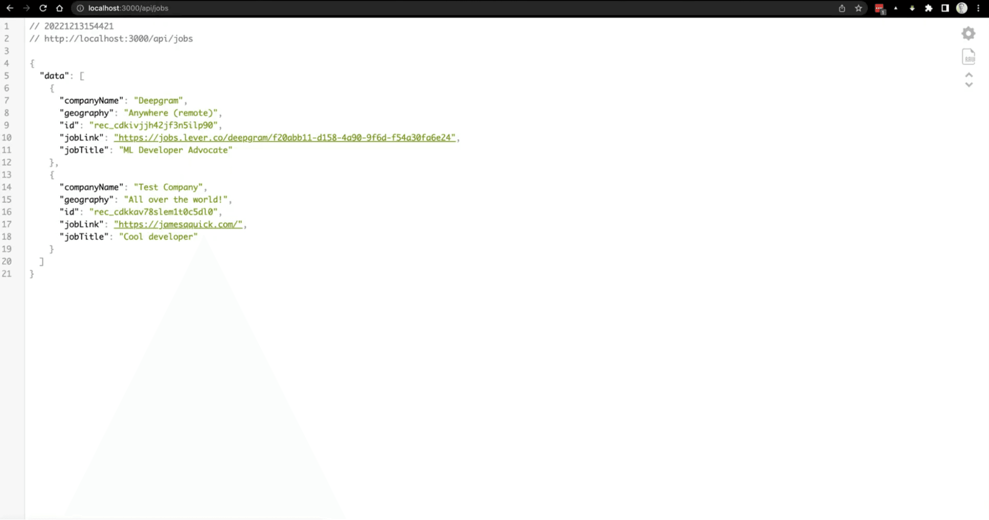 Data returned by our API