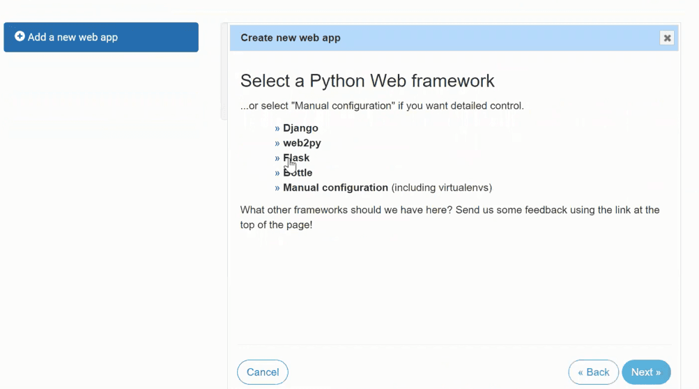 Creating new web app on pyhtonanywhere