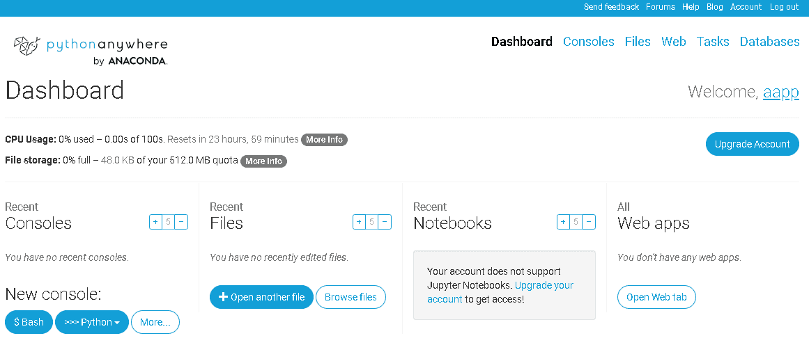 pythonanywhere Dashboard