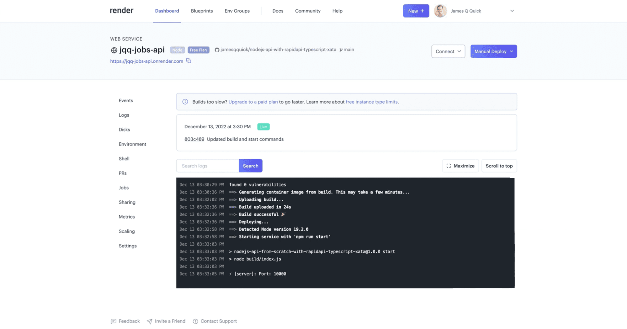 API deployed to Render