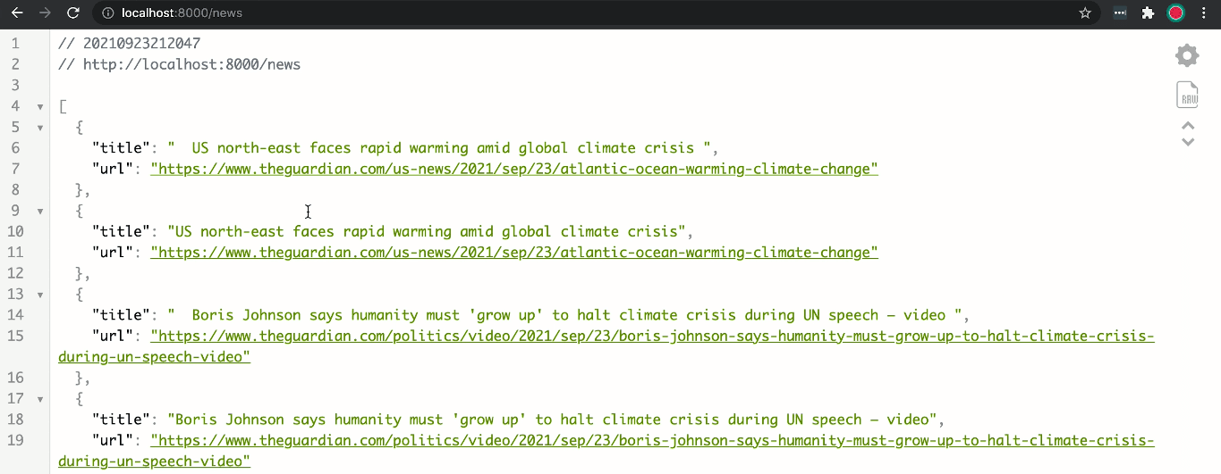 Scraped data with JSON viewer extension