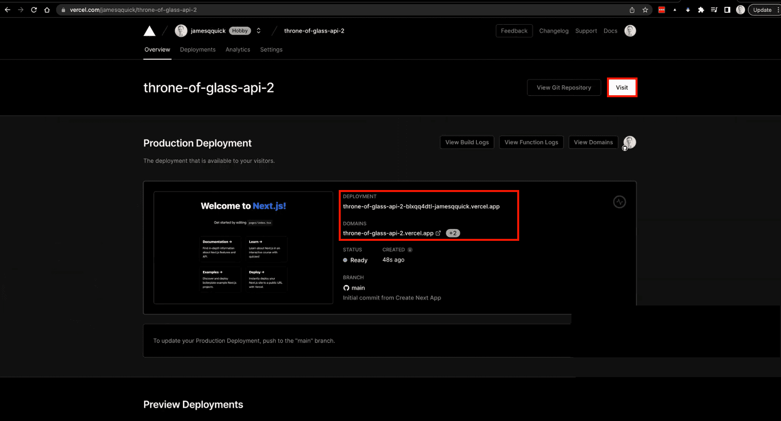 Deploying application to Vercel
