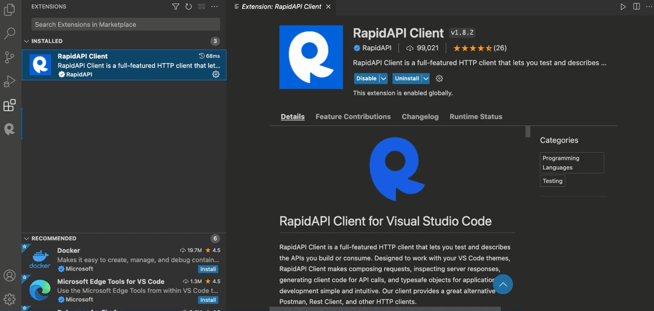 Installing RapidAPI Client Extension