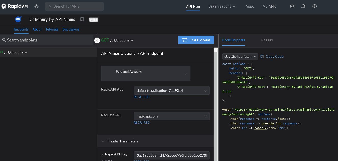 Copying the JavaScript (Fetch) code snippet