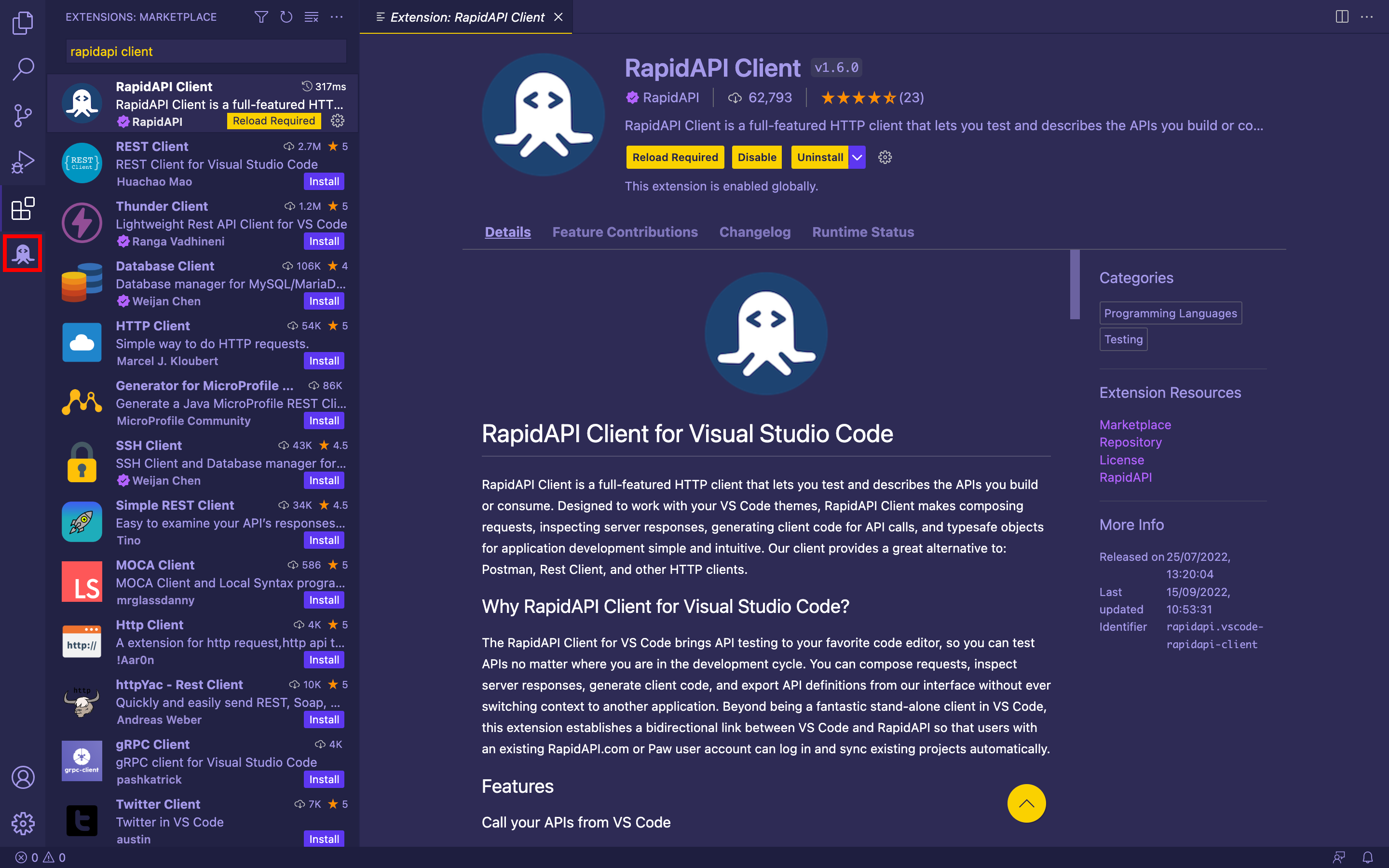 RapidAPI Client icon on VS Code
