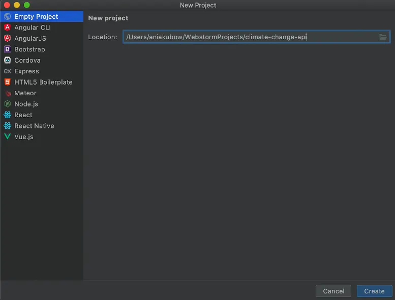 Creating a new project in WebStorm