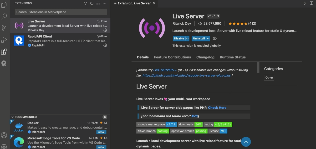 Installing Live Server Extension