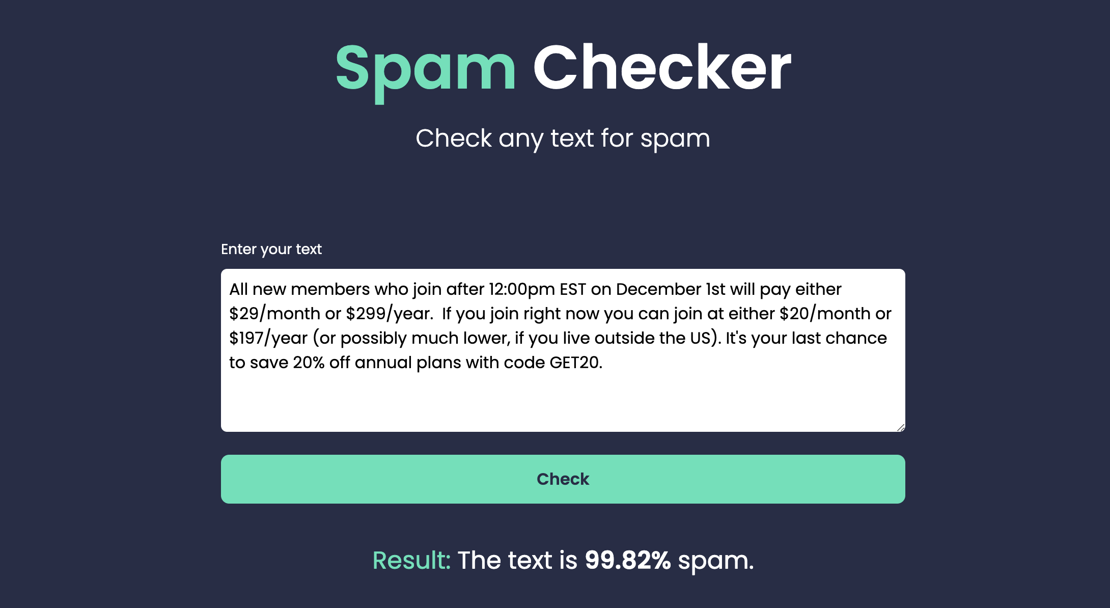 Spam checker app