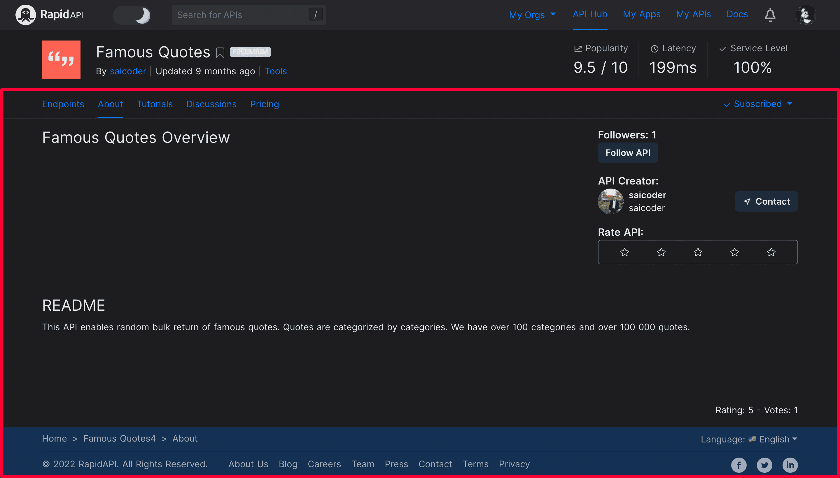 About Section of RapidAPI Hub API Page