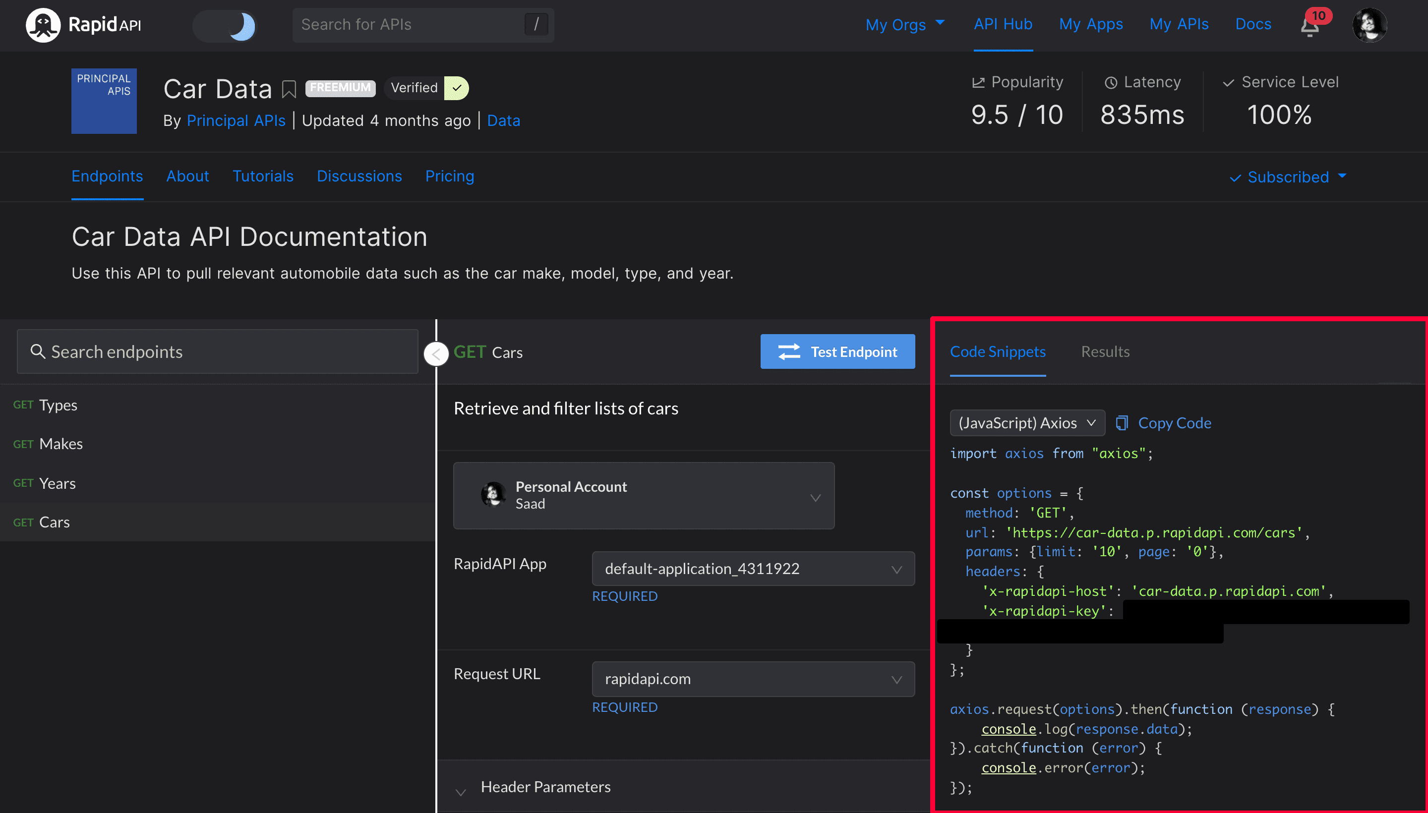 API Endpoints and (JavaScript) Axios Snippet