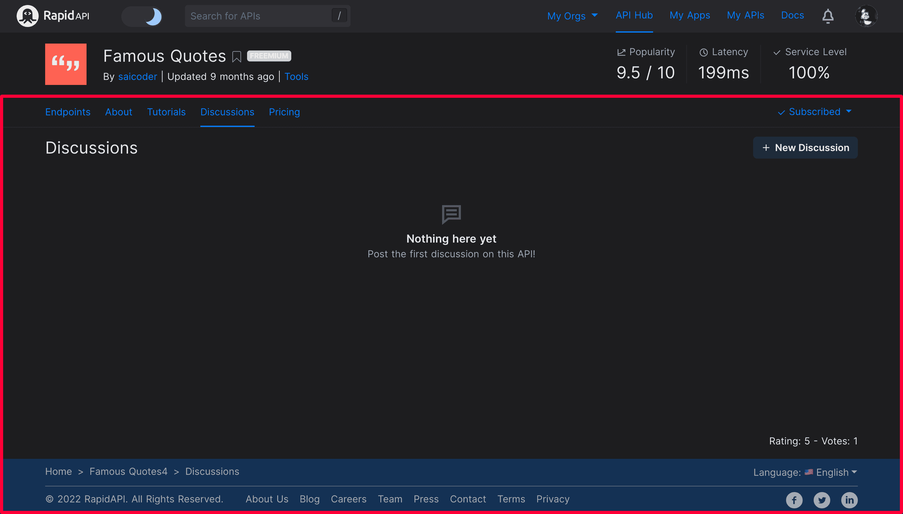 Discussions Section of RapidAPI Hub API Page