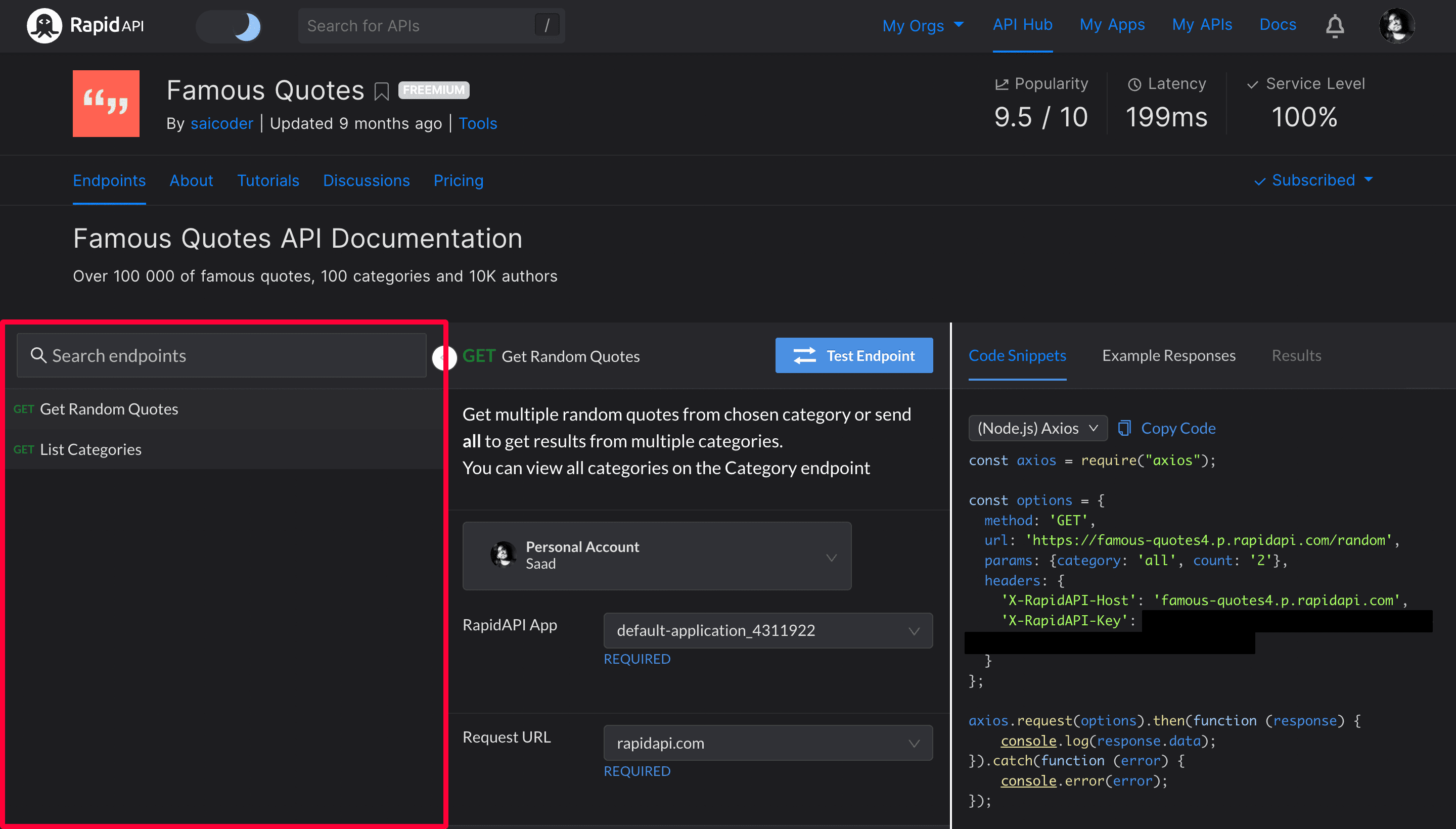 Endpoints list of RapidAPI Hub API Page