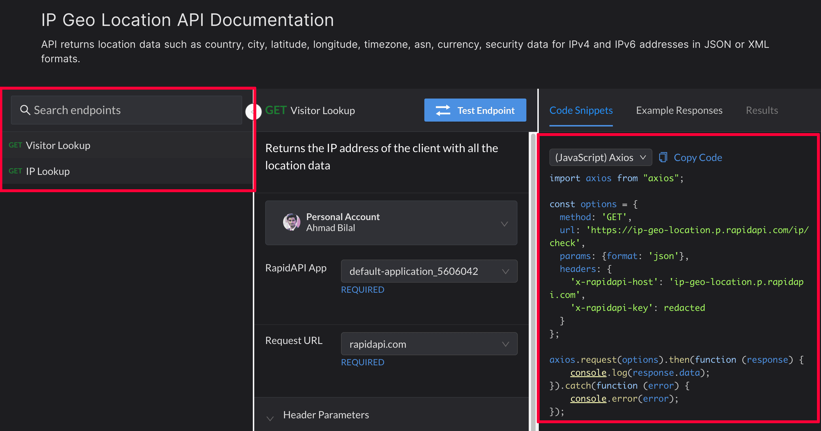 Endpoints of the API and JavaScript Code Snippet