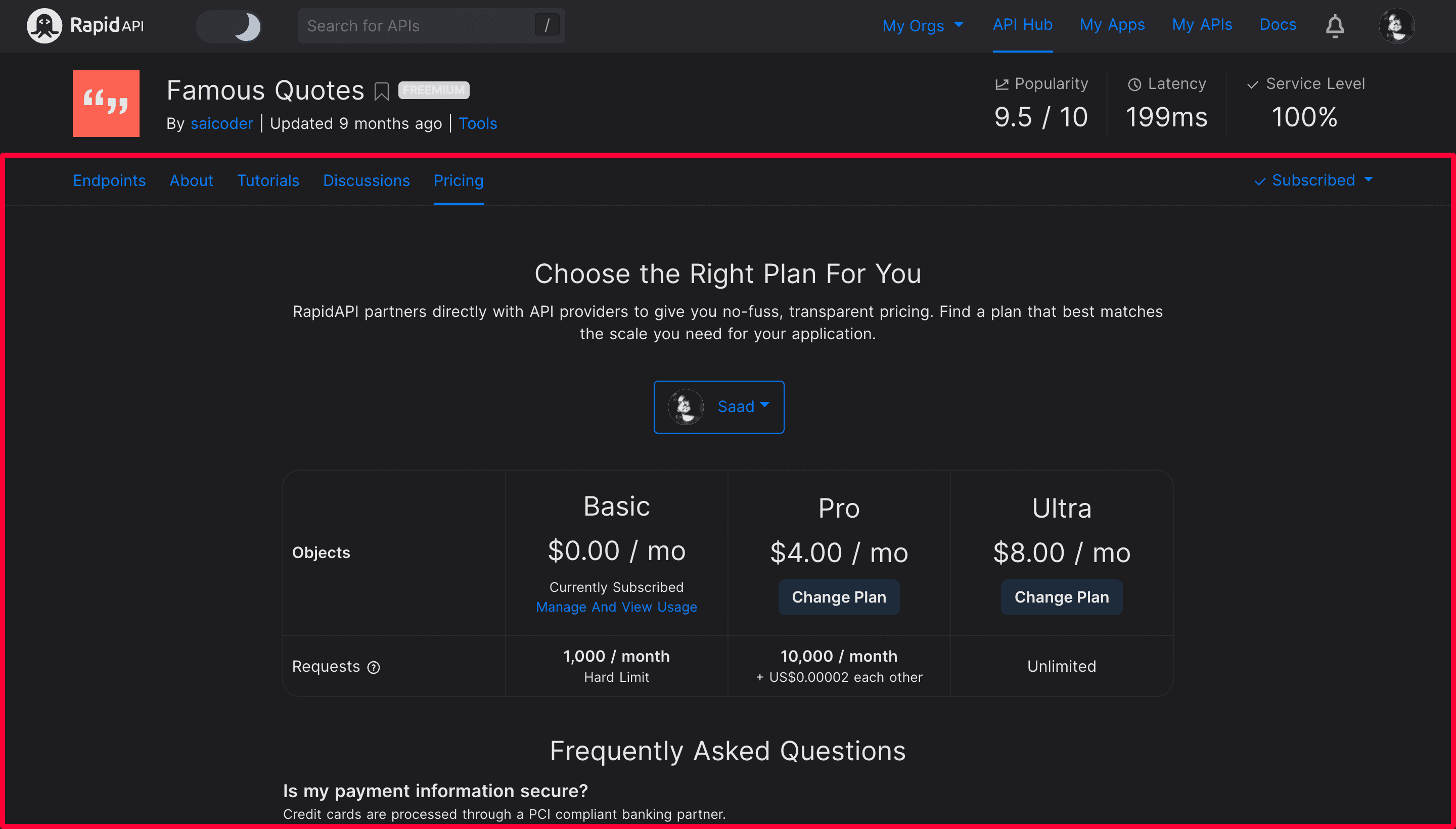 Pricing Section of RapidAPI Hub API Page