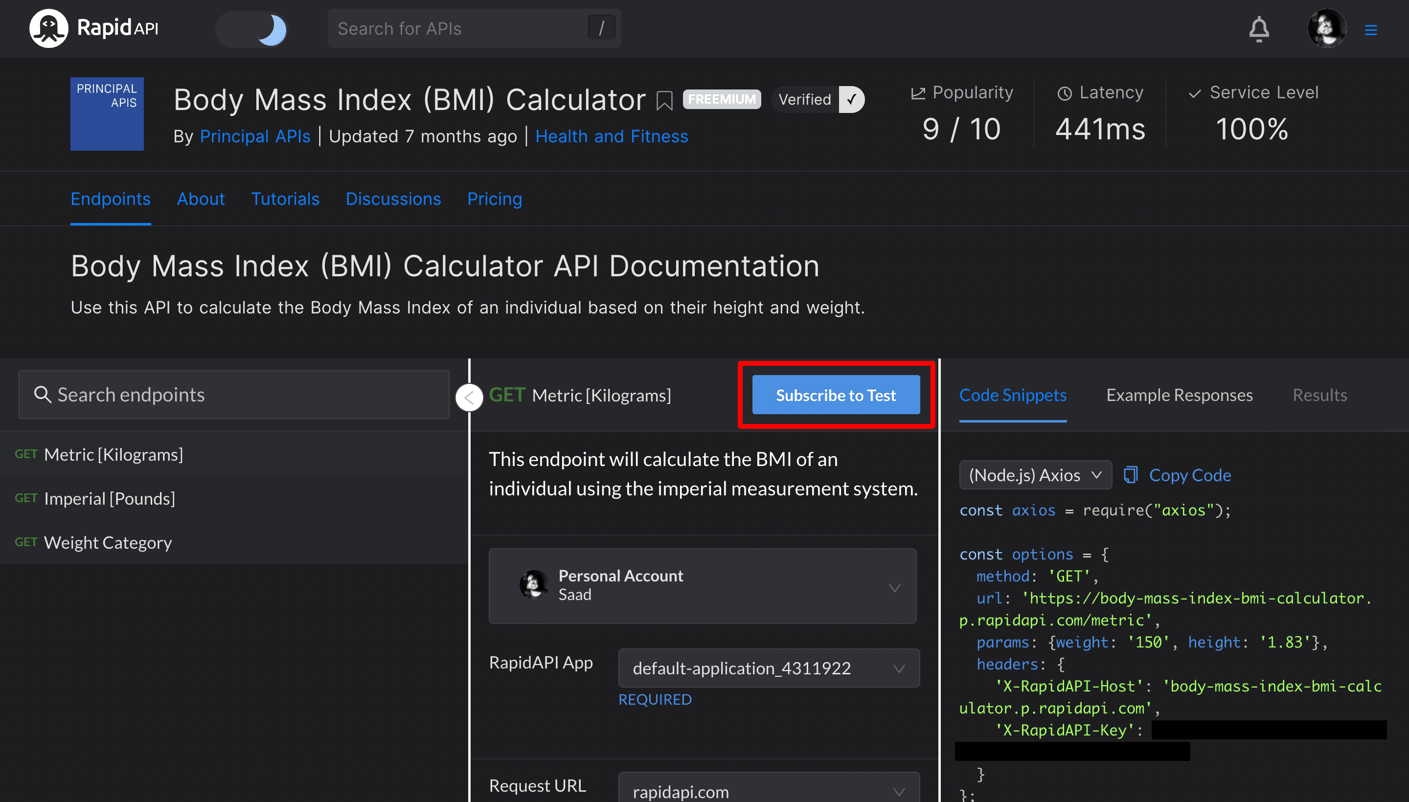 Subscribe to Body Mass Index (BMI) Calculator API