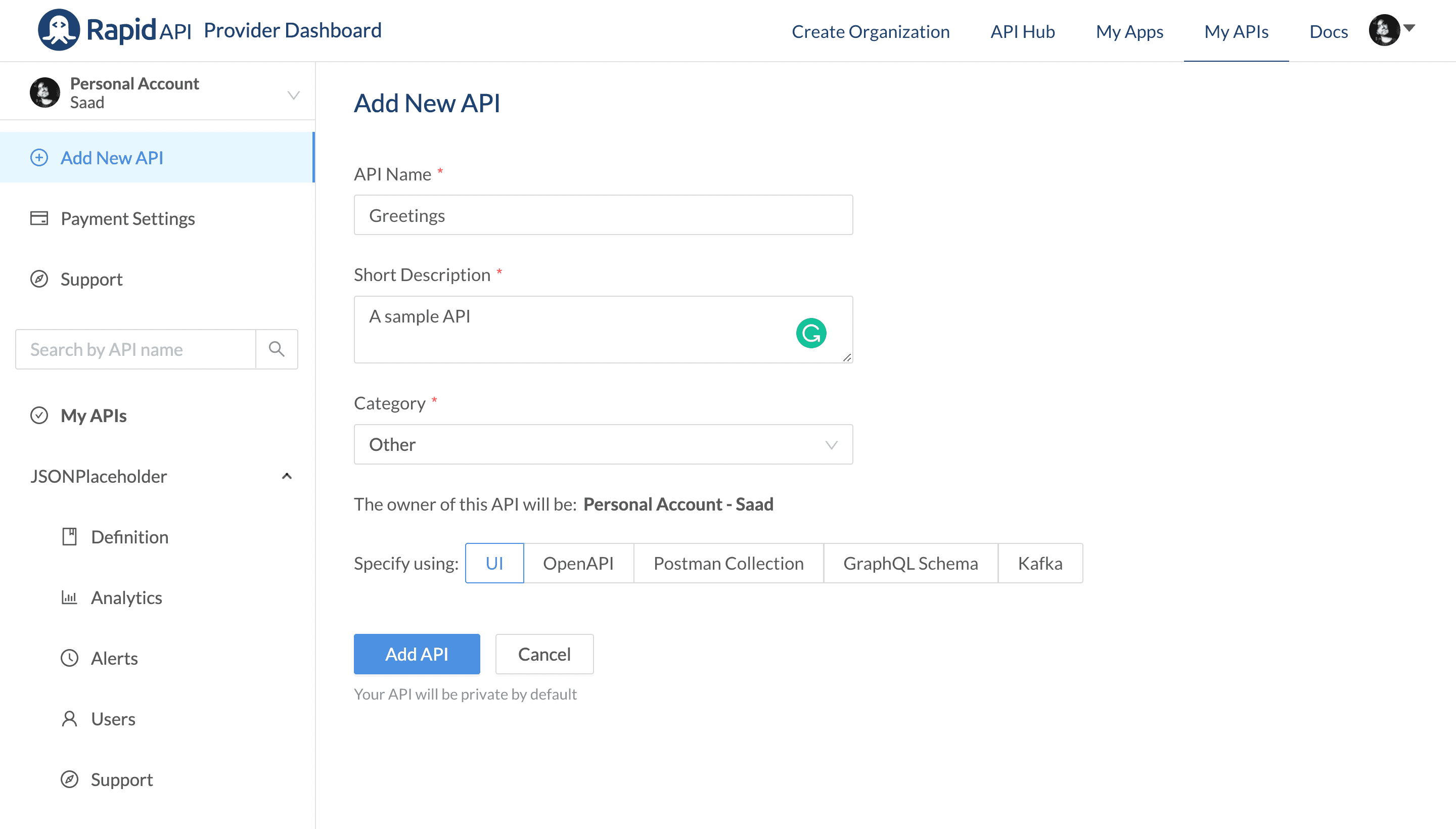 Filled Fields To Add API on RapidAPI