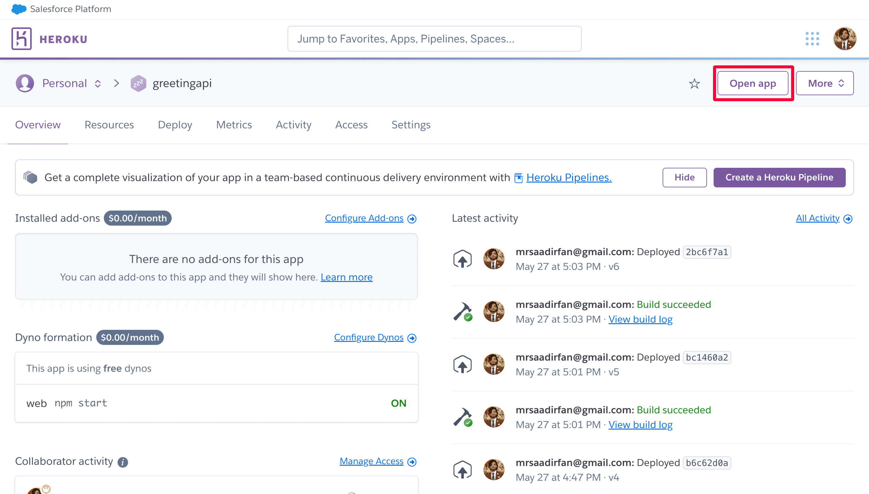 Heroku App dashboard