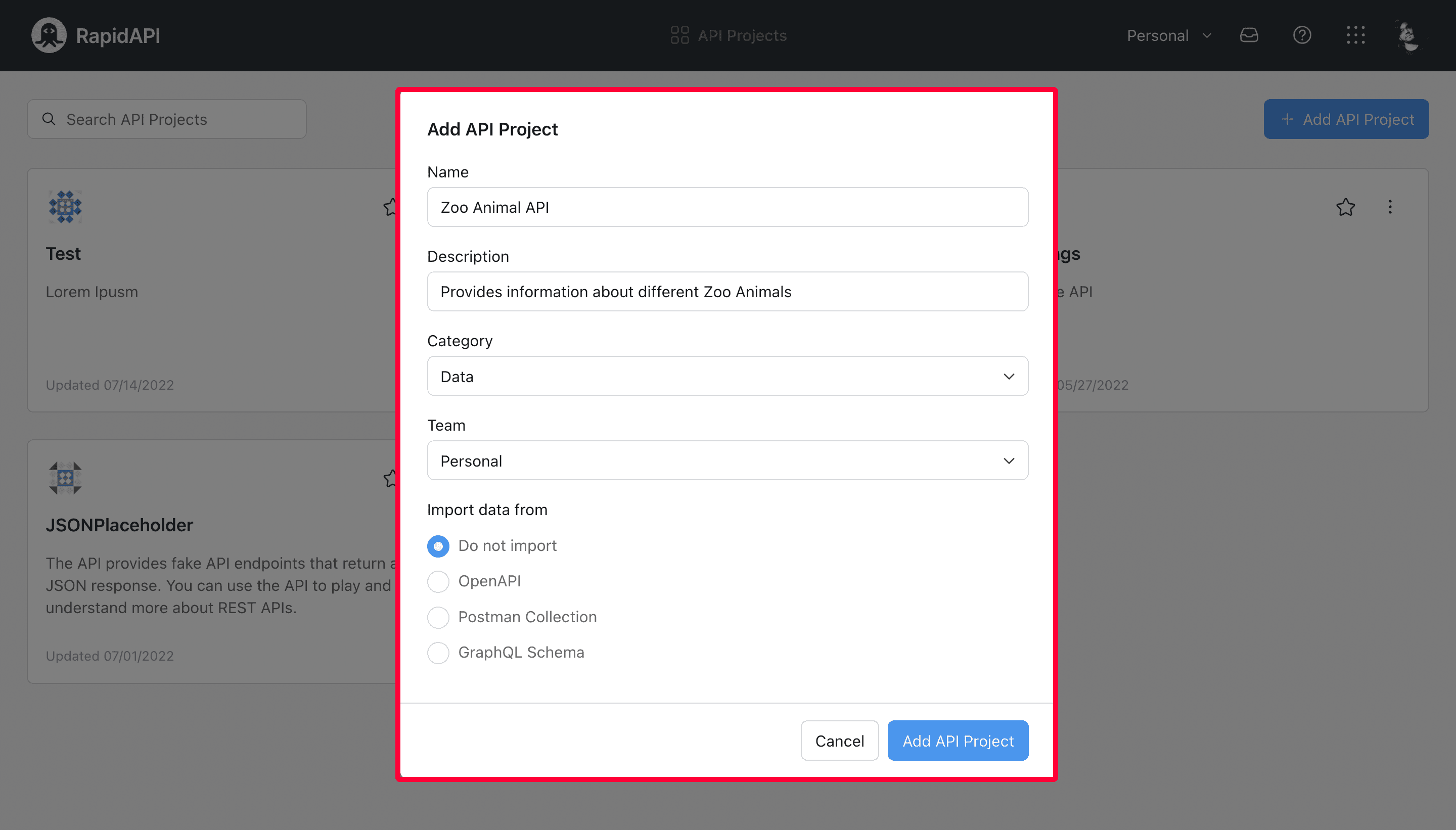 Creating an API project inside RapidAPI Studio