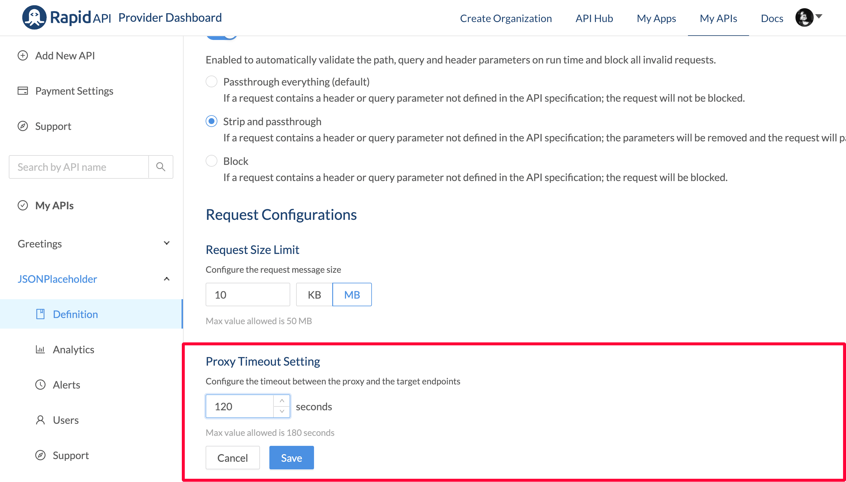 Set Proxy Timeout Settings on RapidAPI Provider