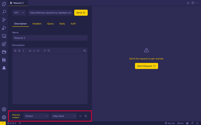 Generate API call snippets using RapidAPI Client for VS Code