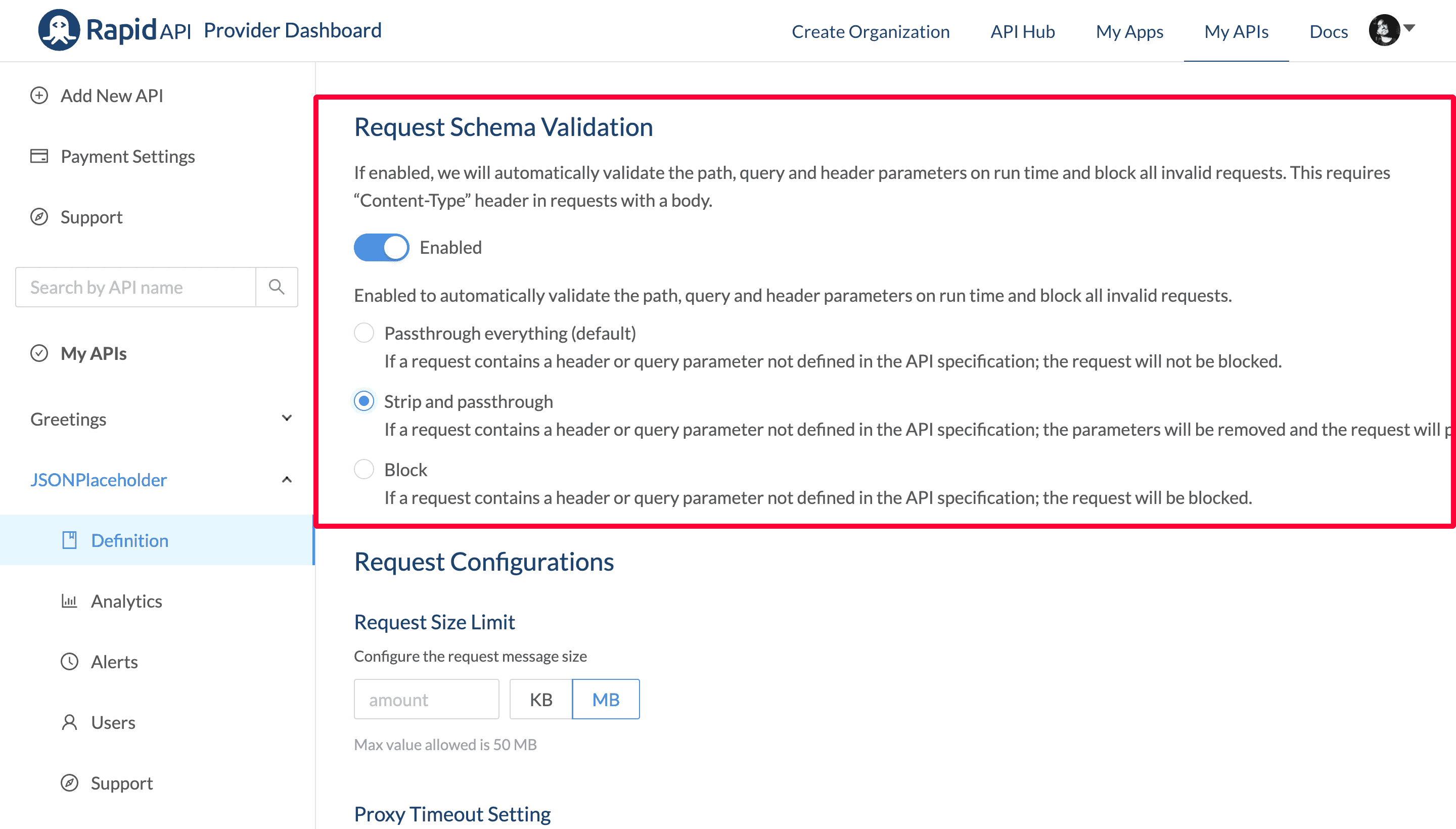 Enabled Request Schema Validation on RapidAPI Provider