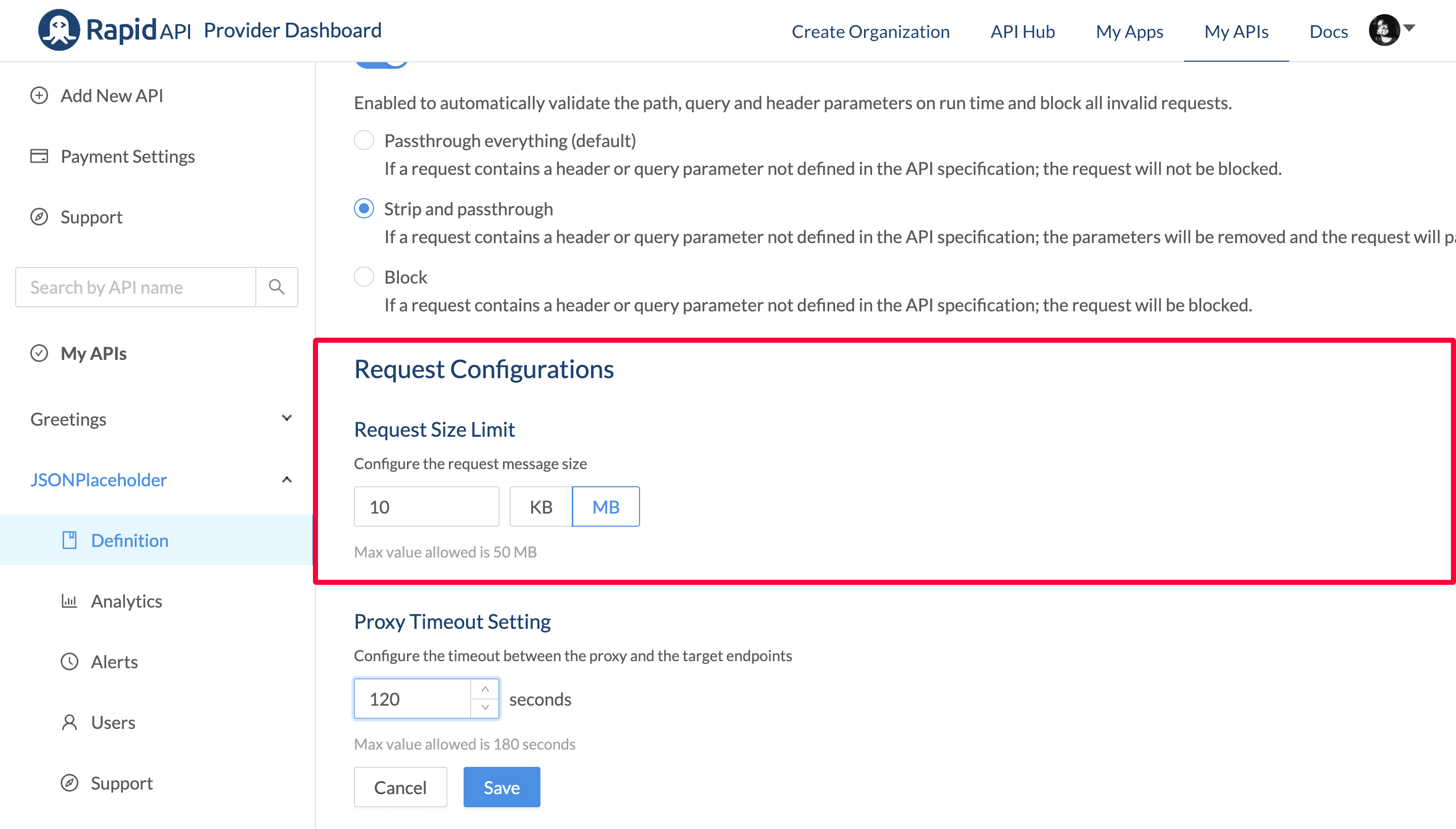 Set API Request Size Limit on RapidAPI Provider