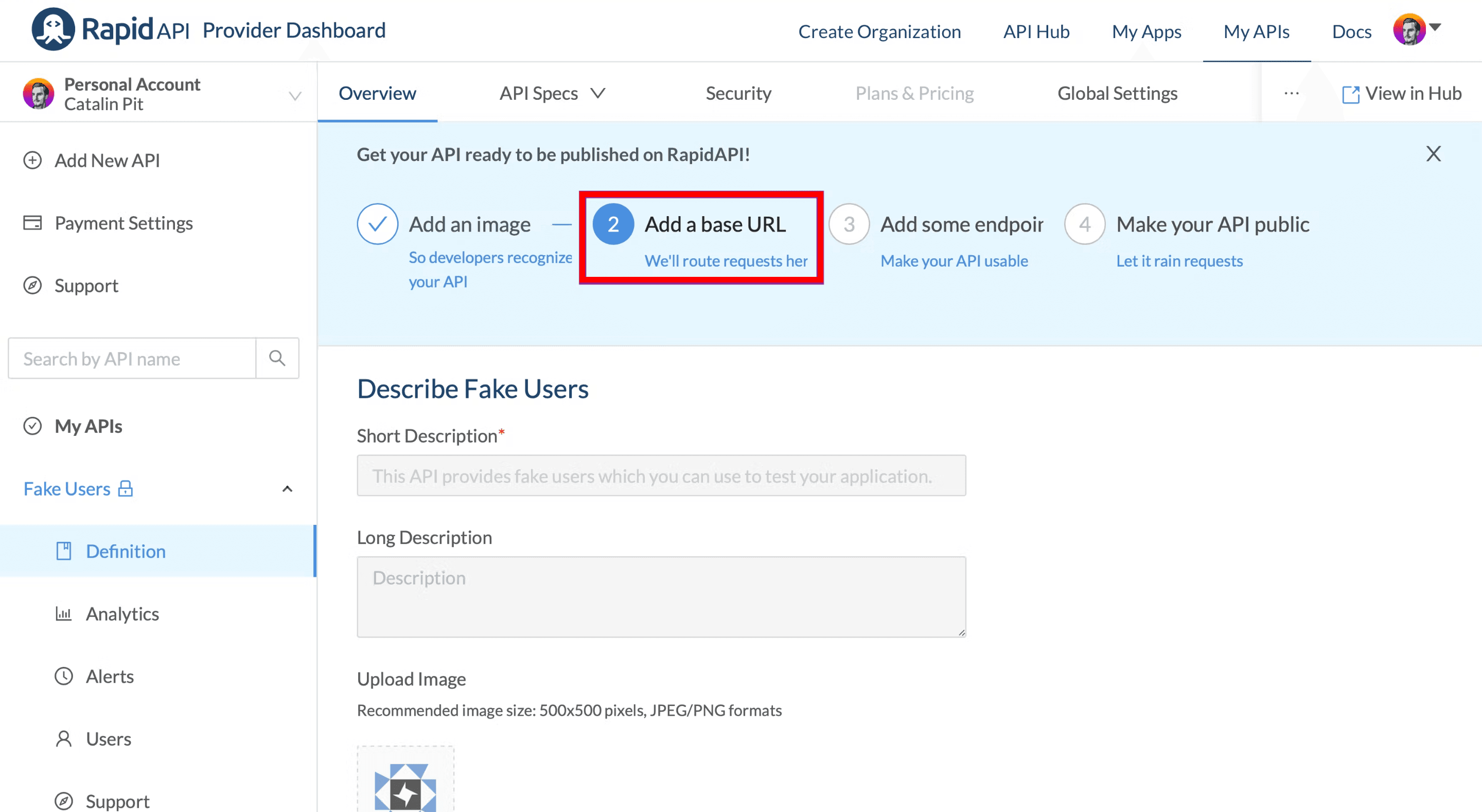 Add BASE URL on RapidAPI Hub