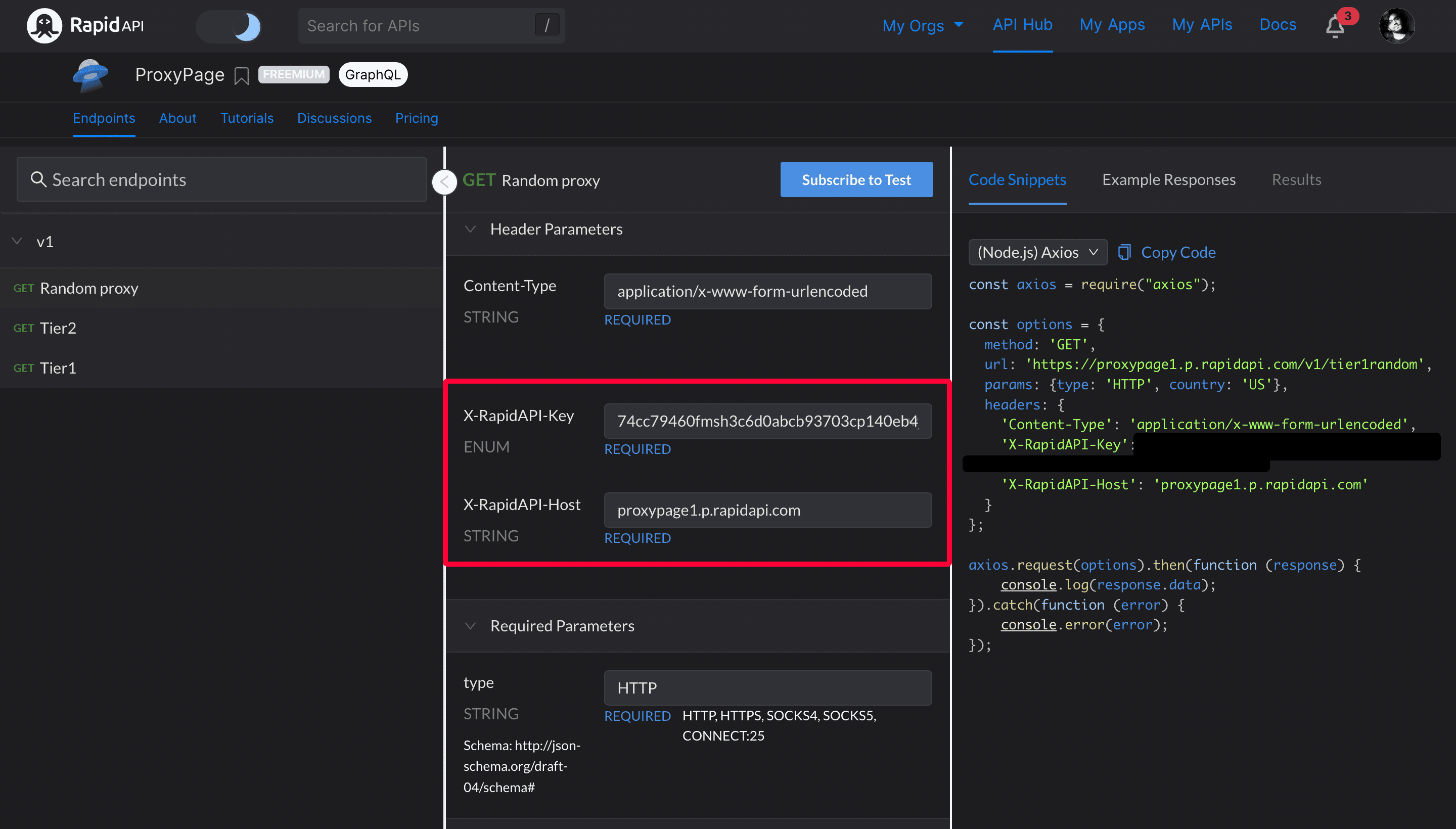 RapidAPI authentication key and host