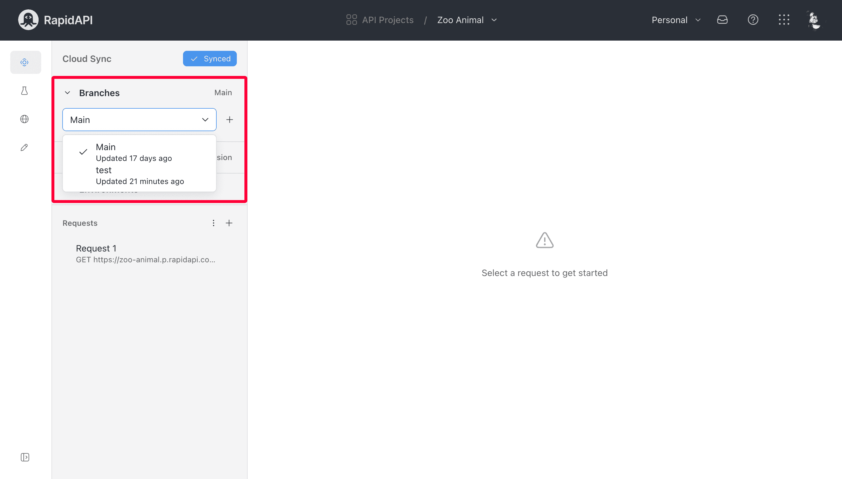 Manage branches inside API client of RapidAPI Studio