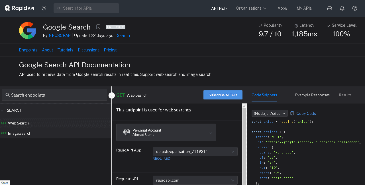 Google Search API on RapidAPI