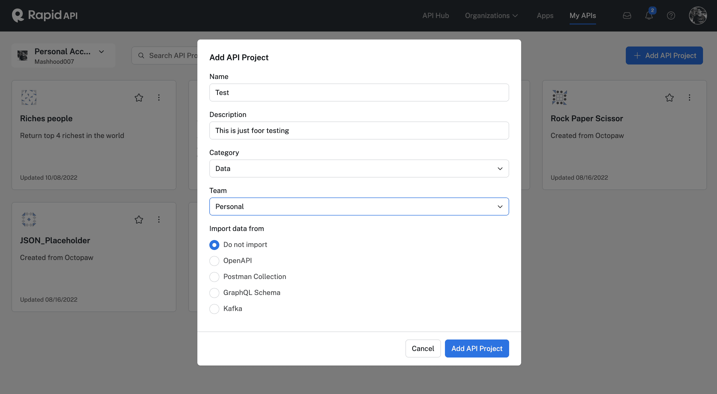 Adding API project on RapidAPI Hub