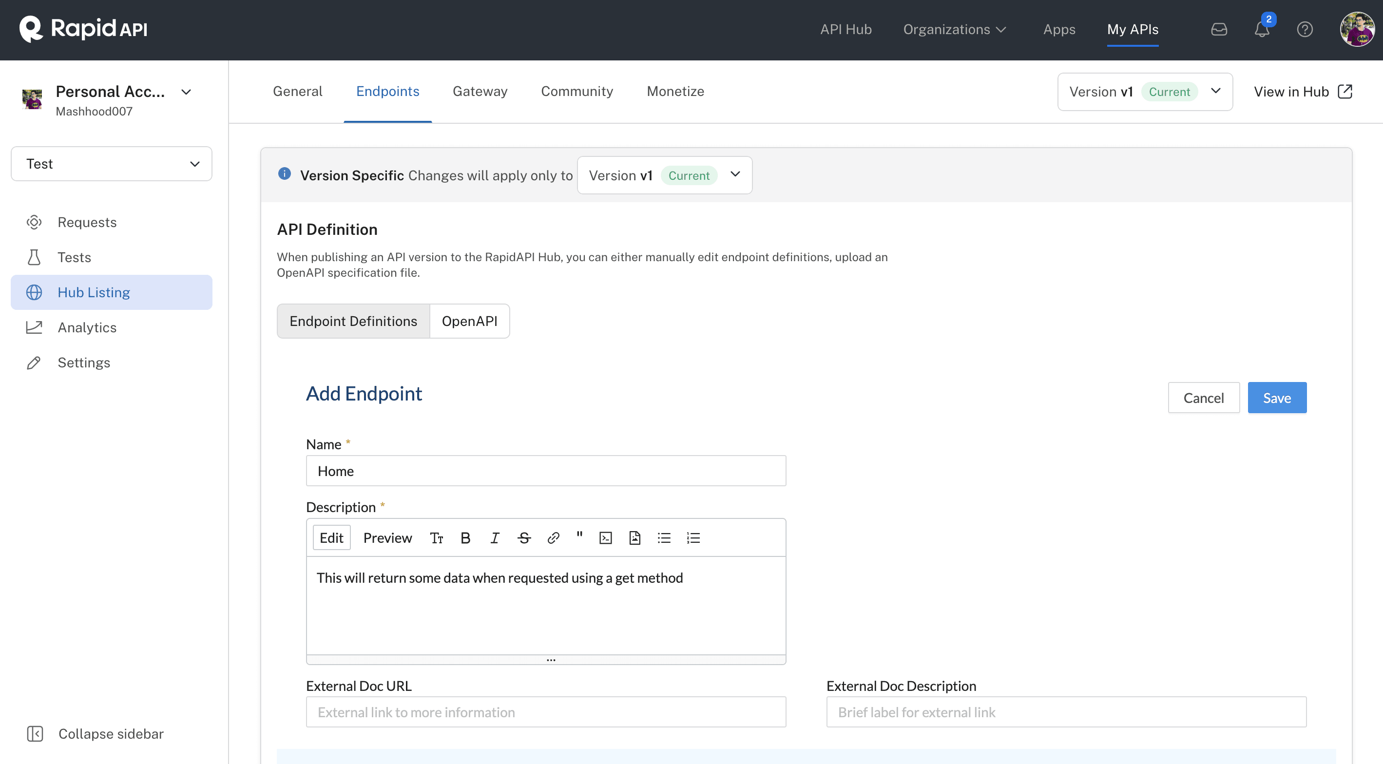 Adding Endpoint on RapidAPI Hub