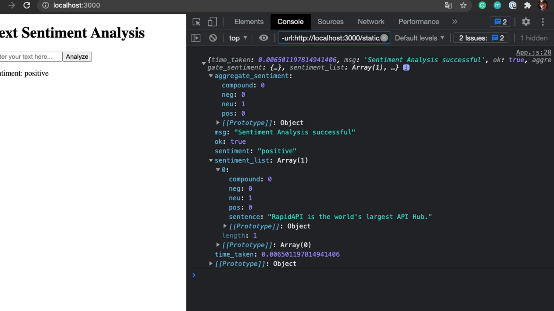 text sentiment analysis app with API reponse in the console