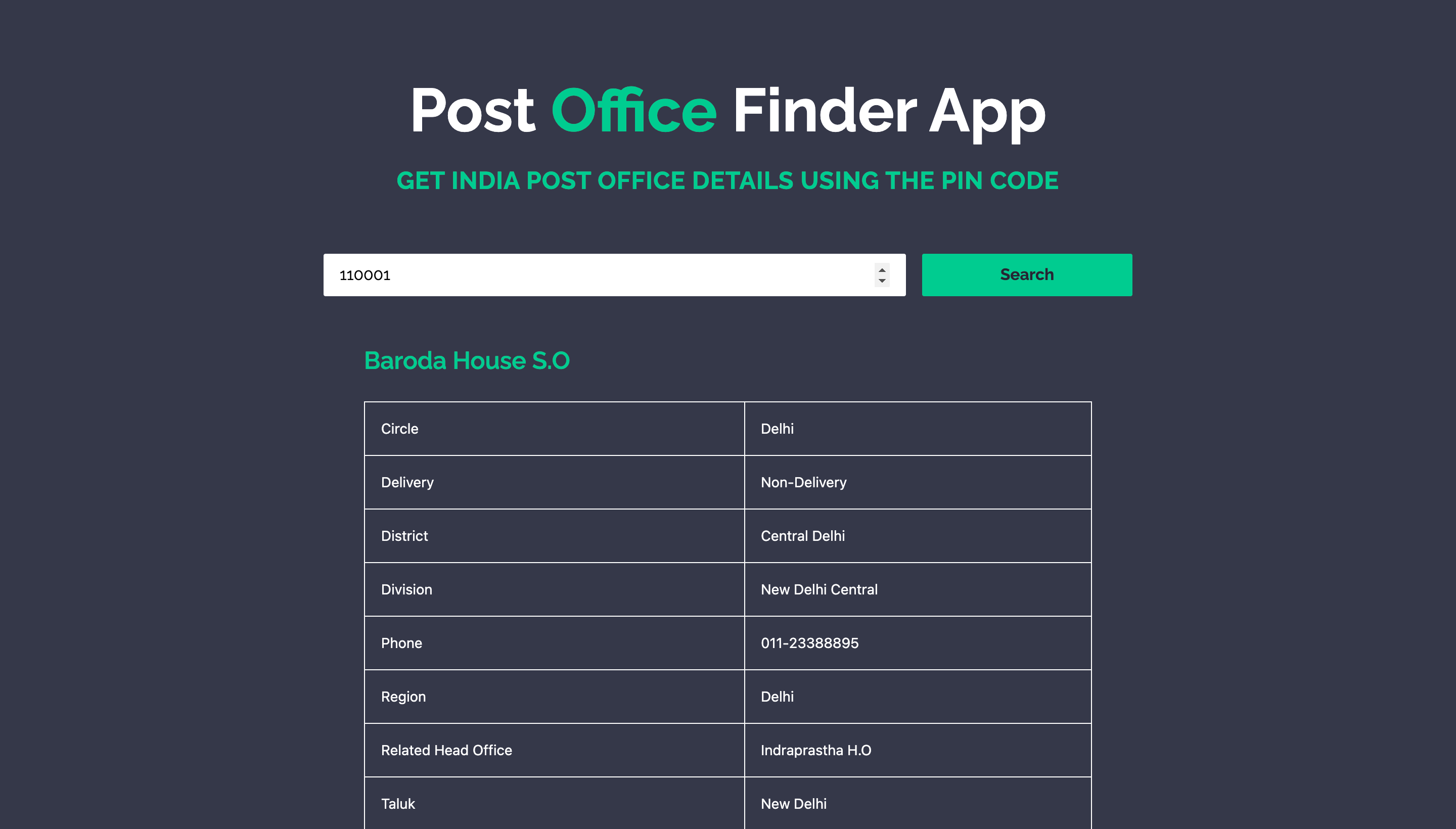 Post Office Finder App built with Next.js and Pin Codes – India API